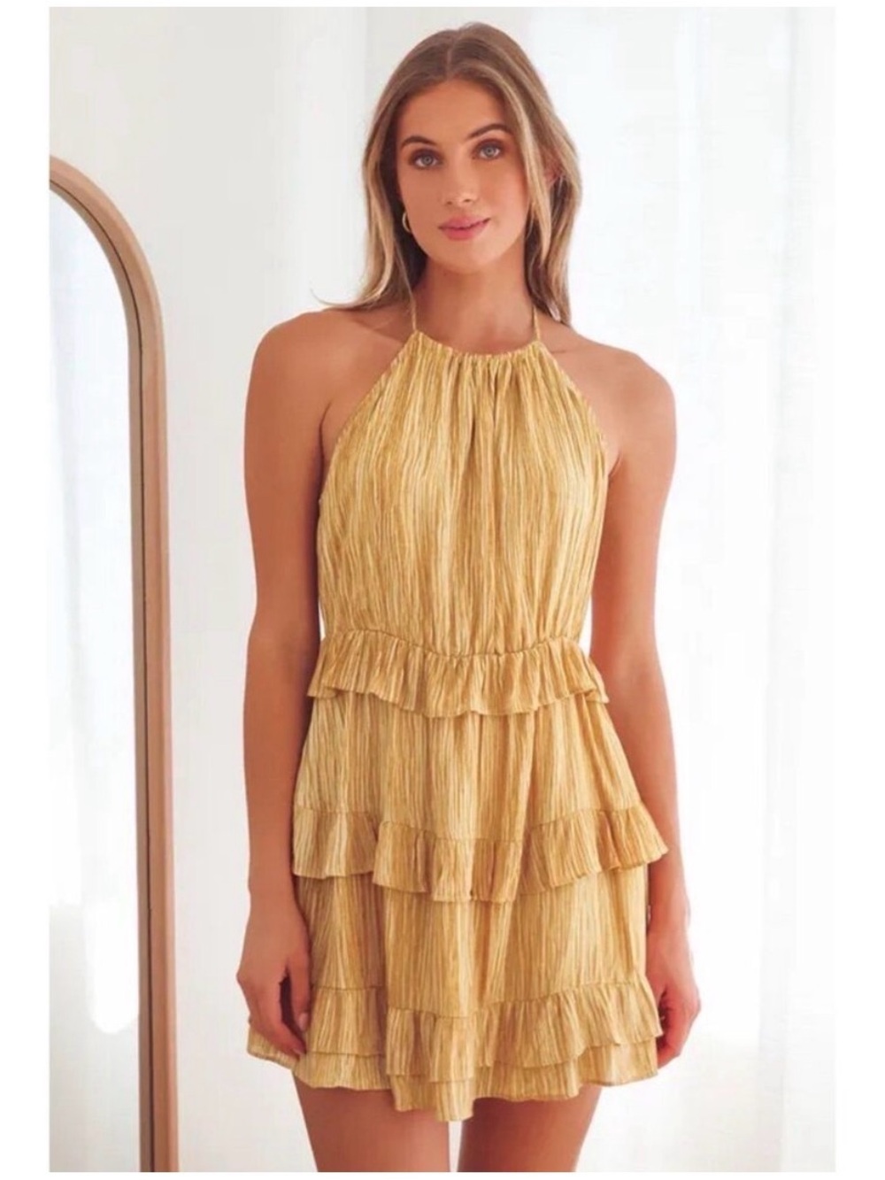 Lulu's Mustard Yellow Halter Tiered Ruffle Mini Dress